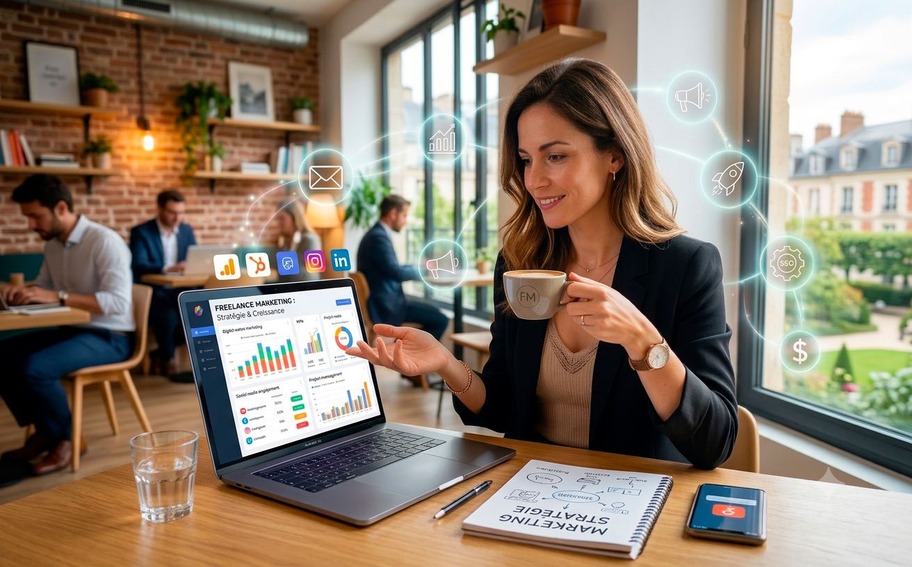 une femme en freelance marketing travaille dans un cafe